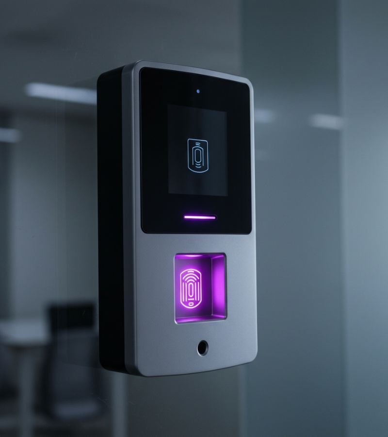 Modern electronic access-control reader mounted beside a door