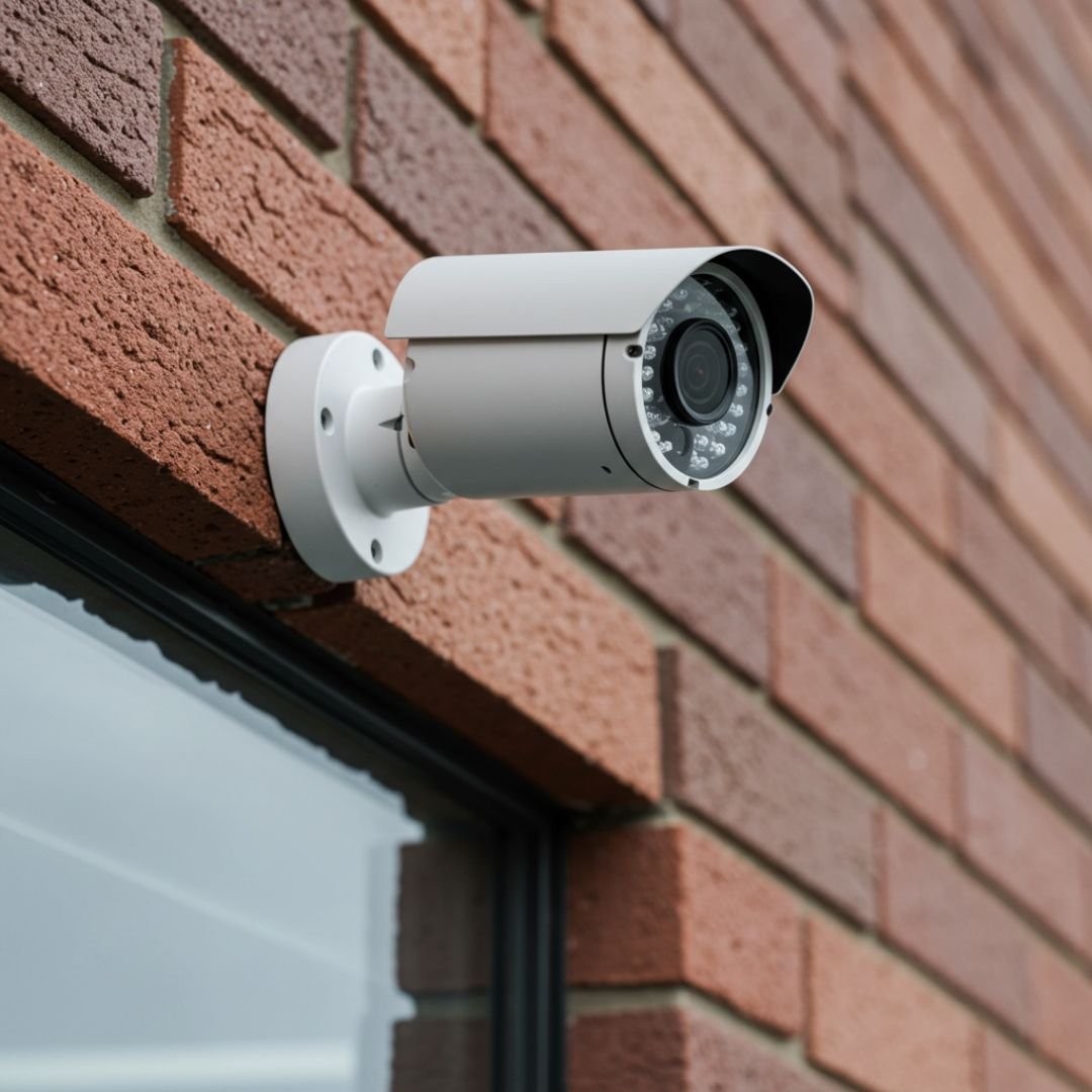 A close-up of a white bullet camera installed on a brick wall, monitoring an outdoor area.