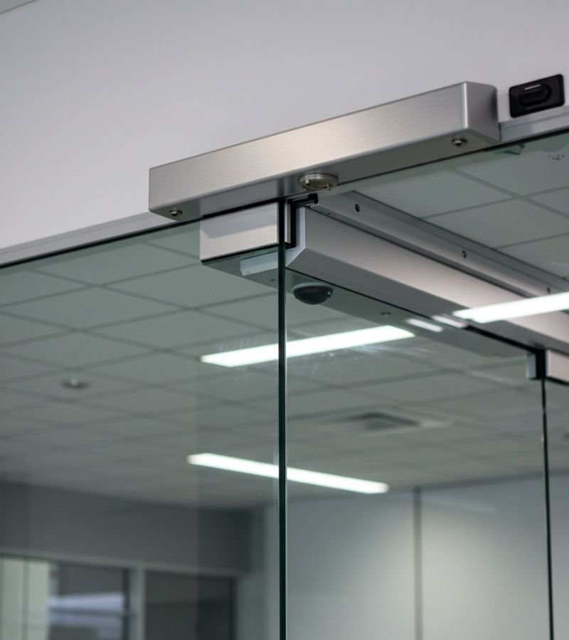 A sleek, silver automatic swing door opener installed above a modern glass commercial entrance.