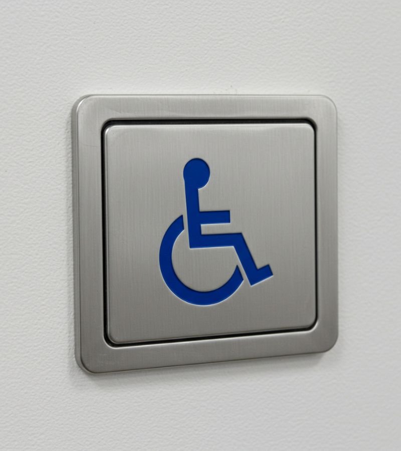 A close-up of a stainless steel, ADA-compliant push-to-open plate for an automatic swing door.