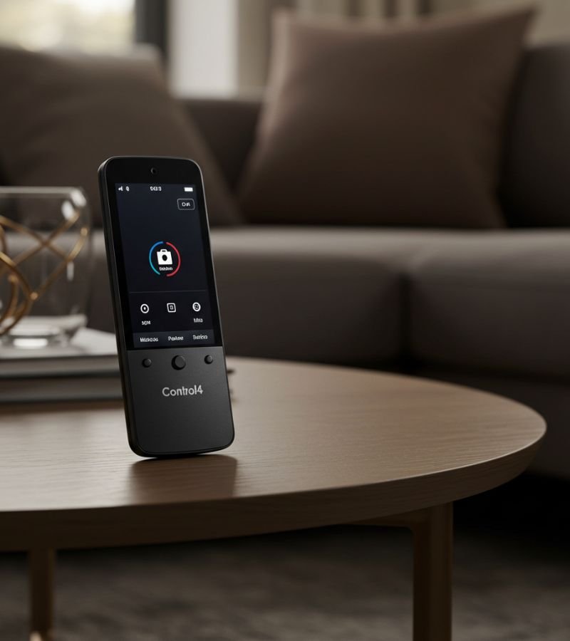 The elegant Control4 Neeo smart home remote resting on a modern coffee table in a stylish living room.