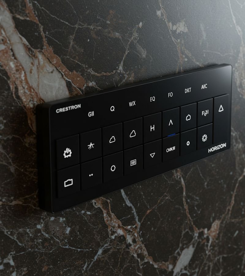 A high-end Crestron Horizon thermostat and keypad, elegantly mounted on a luxurious interior wall.