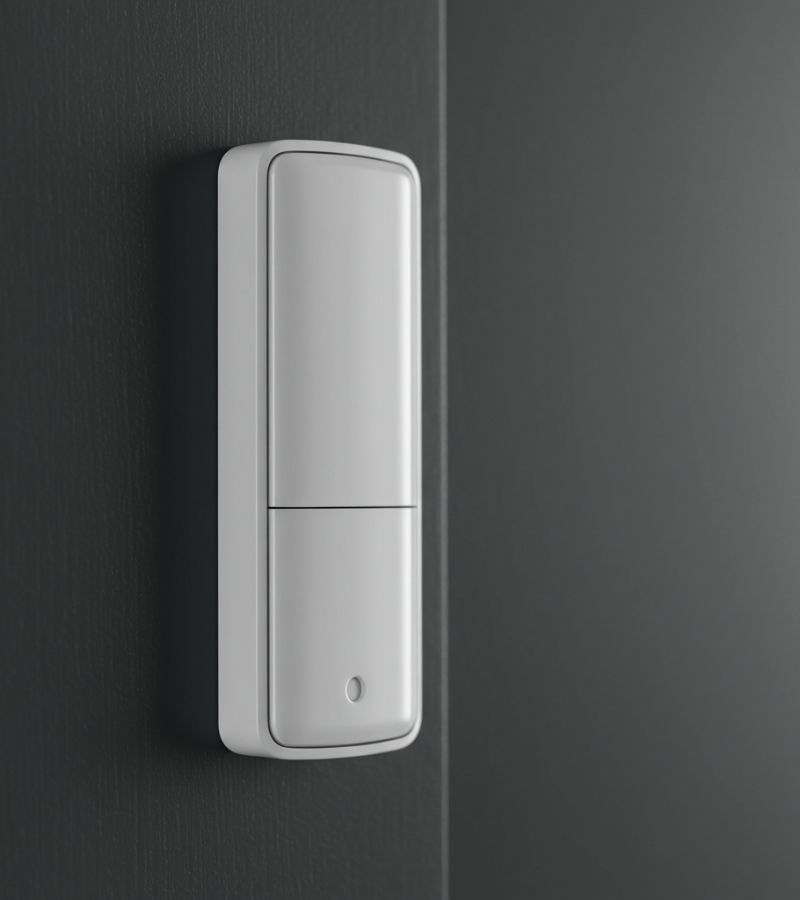 A discreet and modern door sensor installed on the frame of a stylish home's front door.