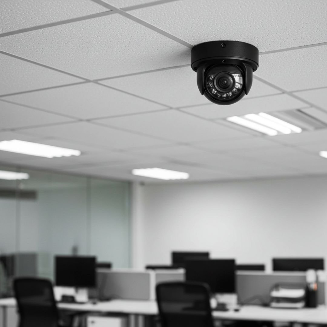 Close-up view of a black dome camera on a white ceiling tile in a professional office setting.