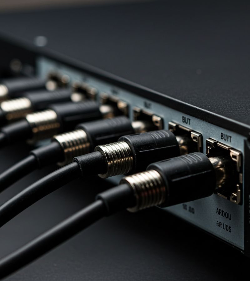 A modern Digital Video Recorder (DVR) with multiple coaxial cables neatly connected to the back.