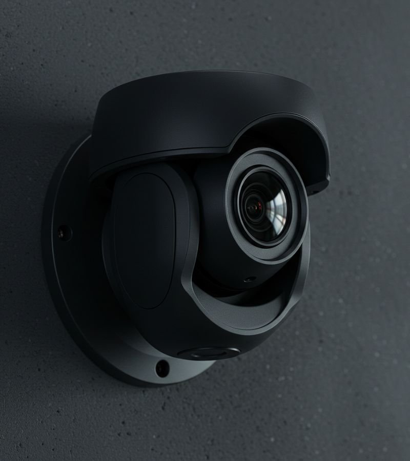A modern, high-resolution IP CCTV camera discreetly installed on the exterior of a building.