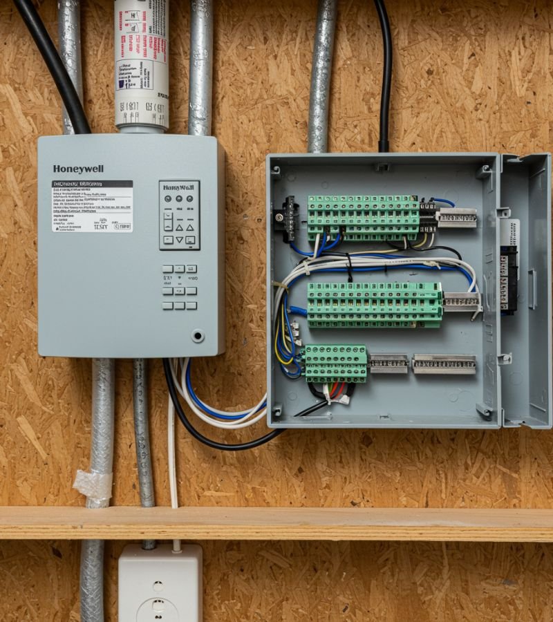A professionally installed Honeywell Vista alarm panel on a clean wall, showing its hardwired reliability.
