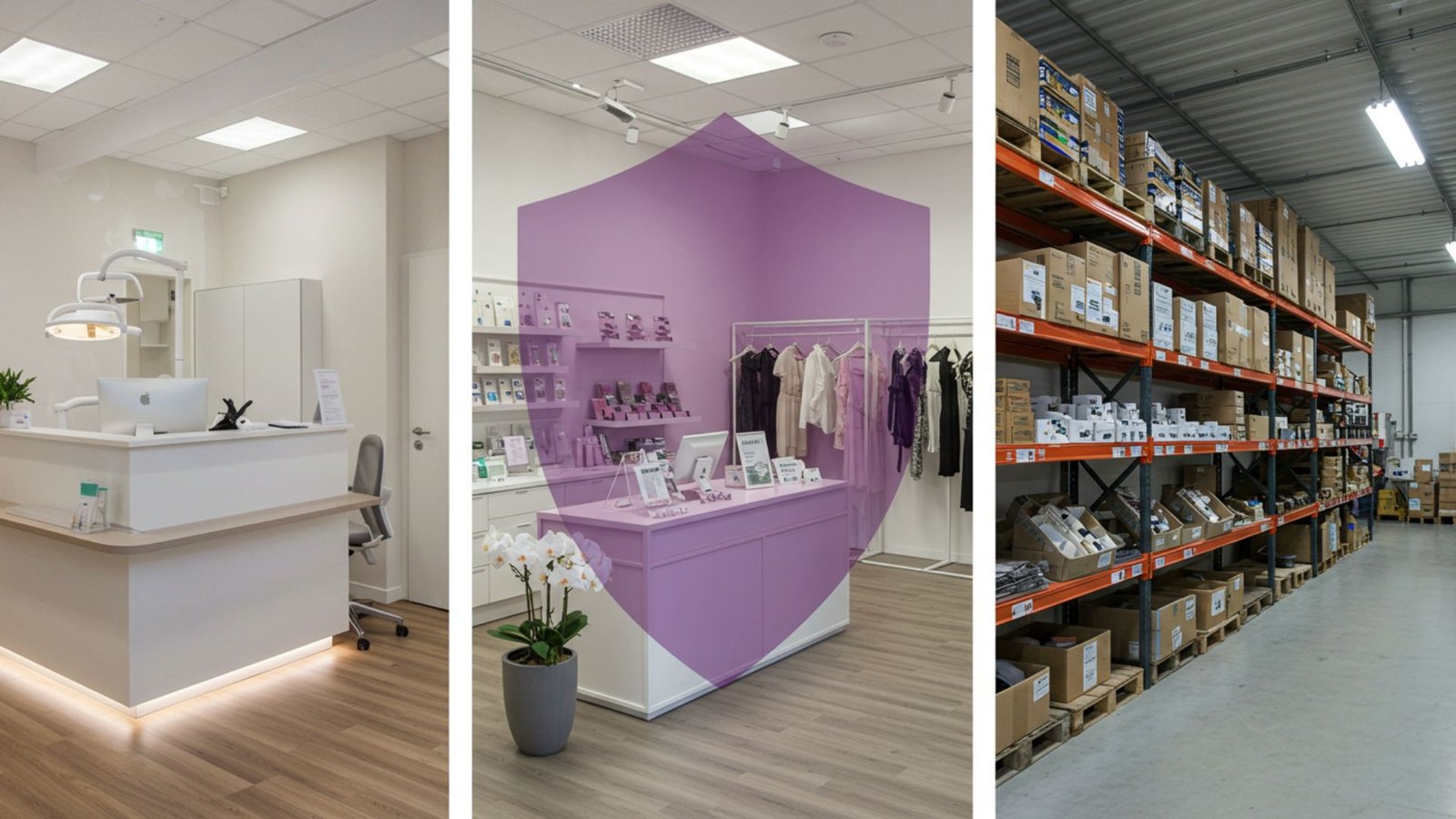 A collage of small and medium-sized business environments like a retail store, an office, and a clinic, all secured with Honeywell Vista.