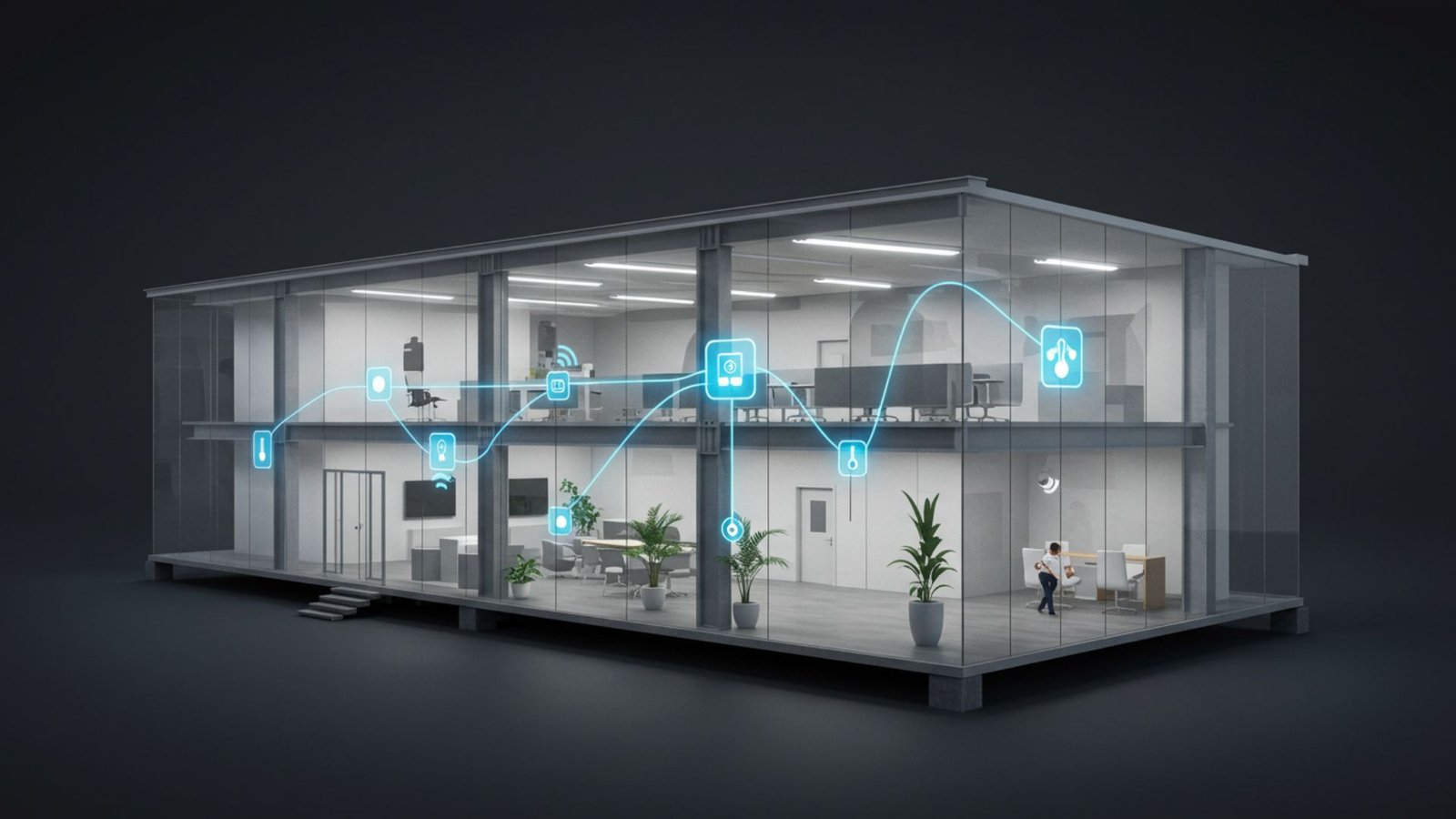 Architectural rendering of a smart building with glowing lines connecting different systems like security, lighting, and HVAC.