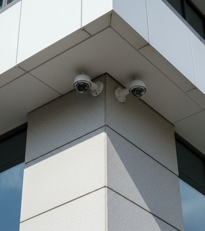 A modern, sleek surveillance camera discreetly installed on the exterior of a stylish commercial building.