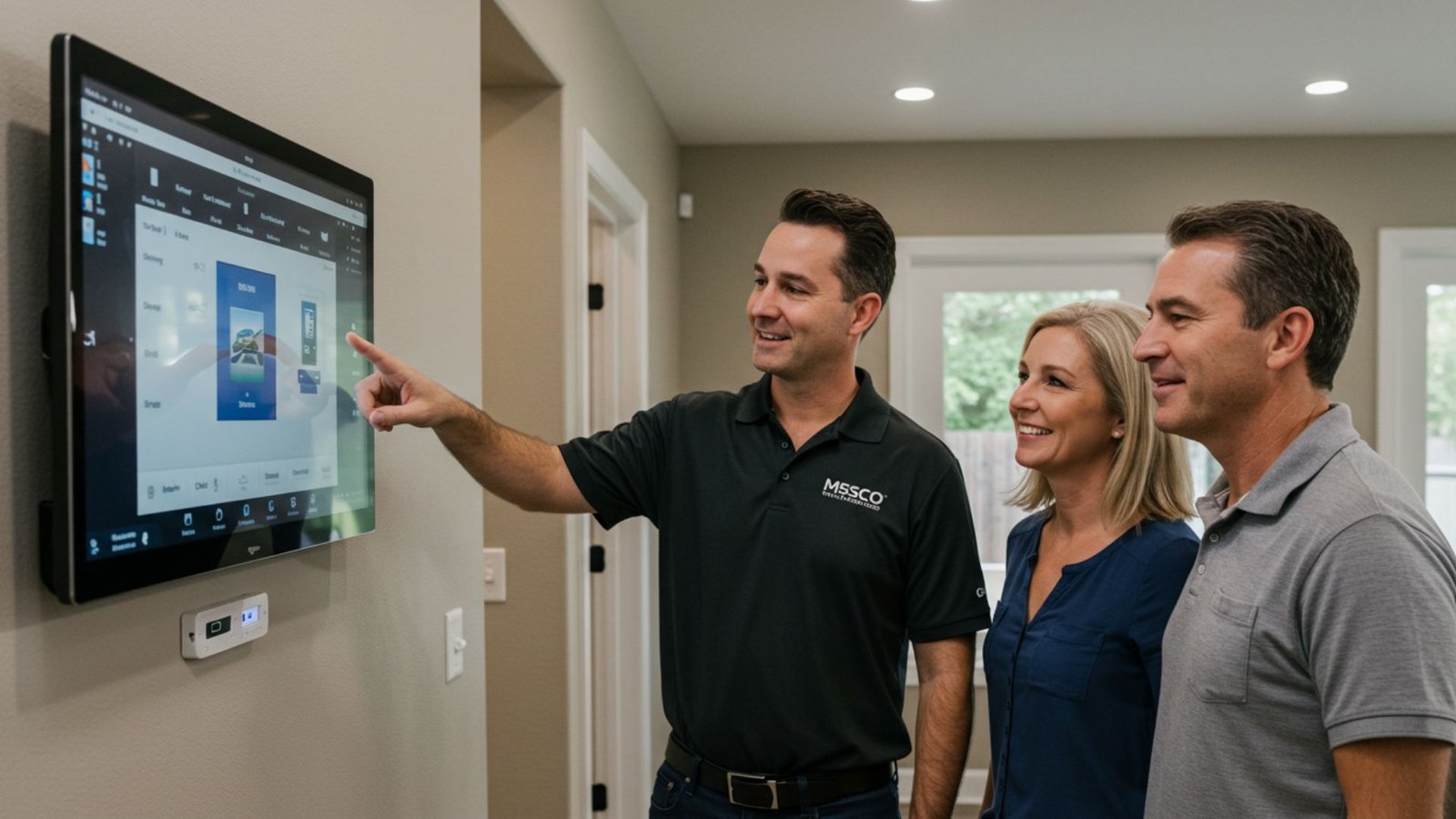 An MSSCO expert explaining the Control4 interface on a wall-mounted touchscreen to a smiling homeowner.