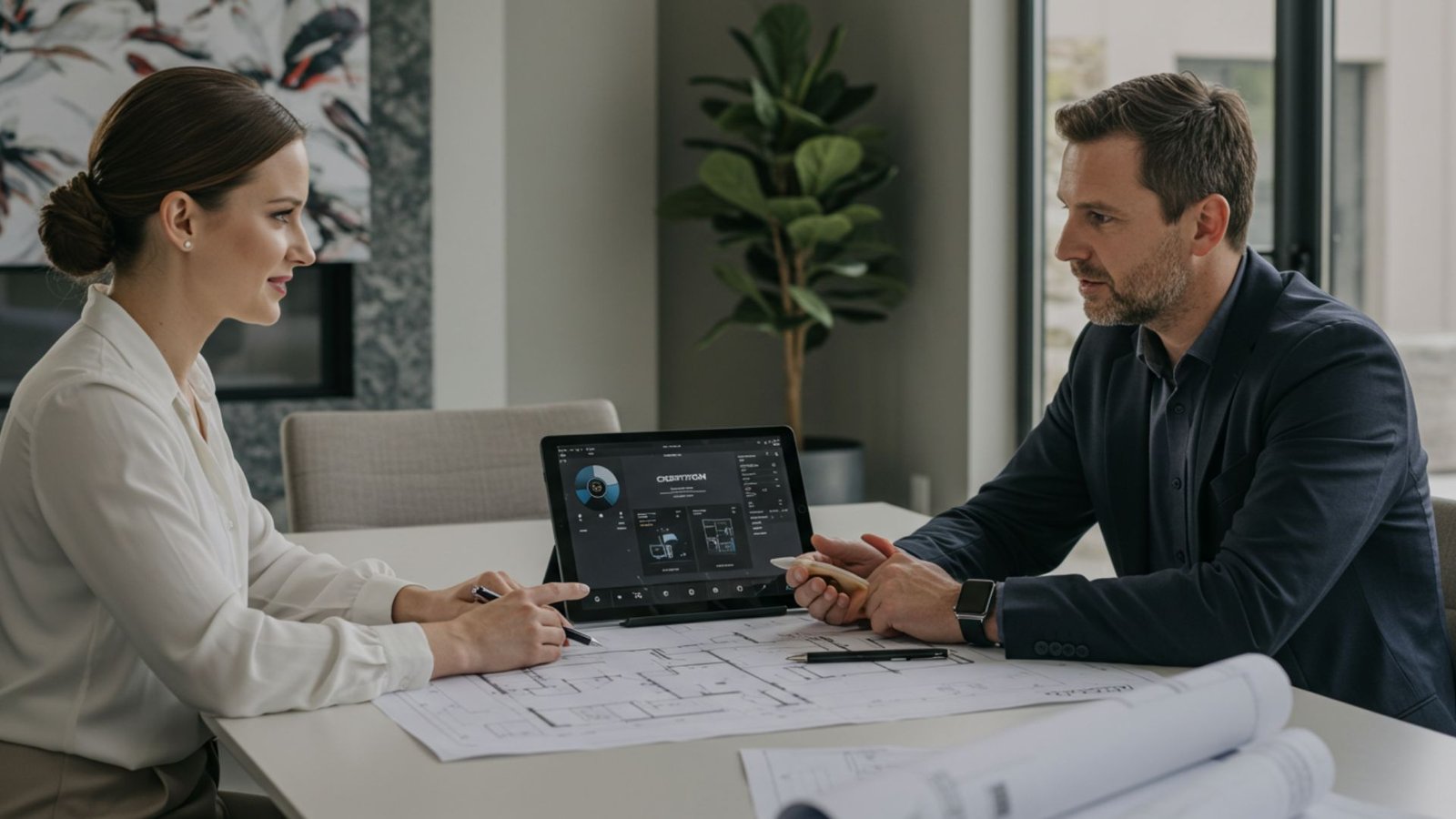 An MSSCO Crestron expert collaborating with a client over architectural plans and a tablet.