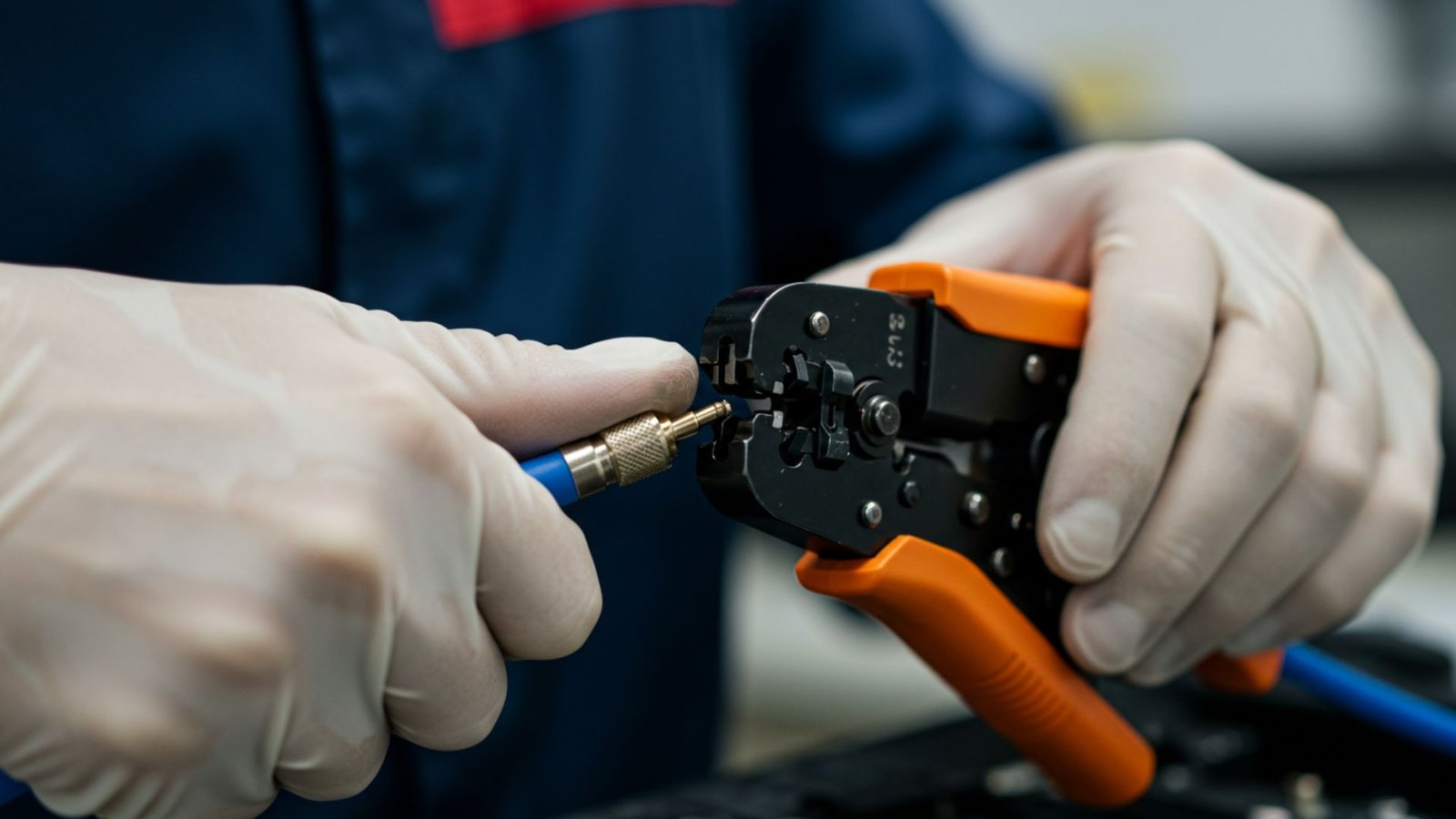 A close-up of a certified MSSCO technician's hands skillfully crimping a BNC connector onto a coaxial cable.