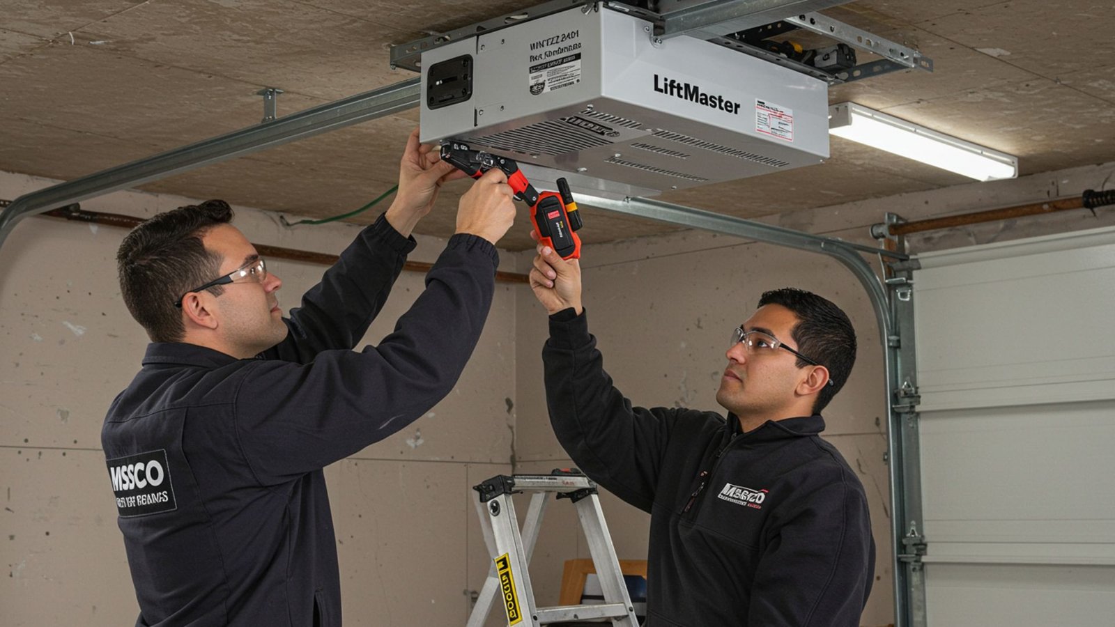 Two MSSCO technicians professionally installing a modern garage door, ensuring perfect balance and safety.