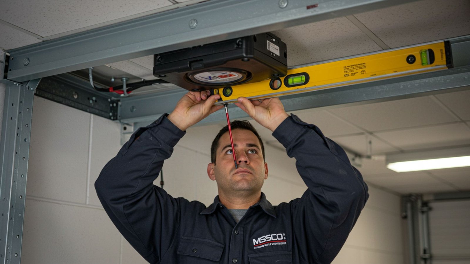 A certified MSSCO technician installing the header unit of an automatic swing door opener above a commercial entryway.