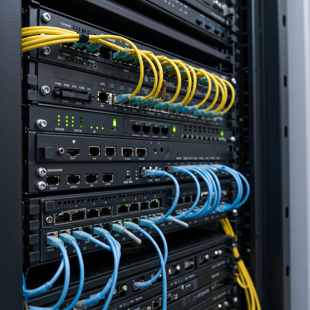 A professional NVR unit installed in a clean, organized server rack with network cables neatly managed.