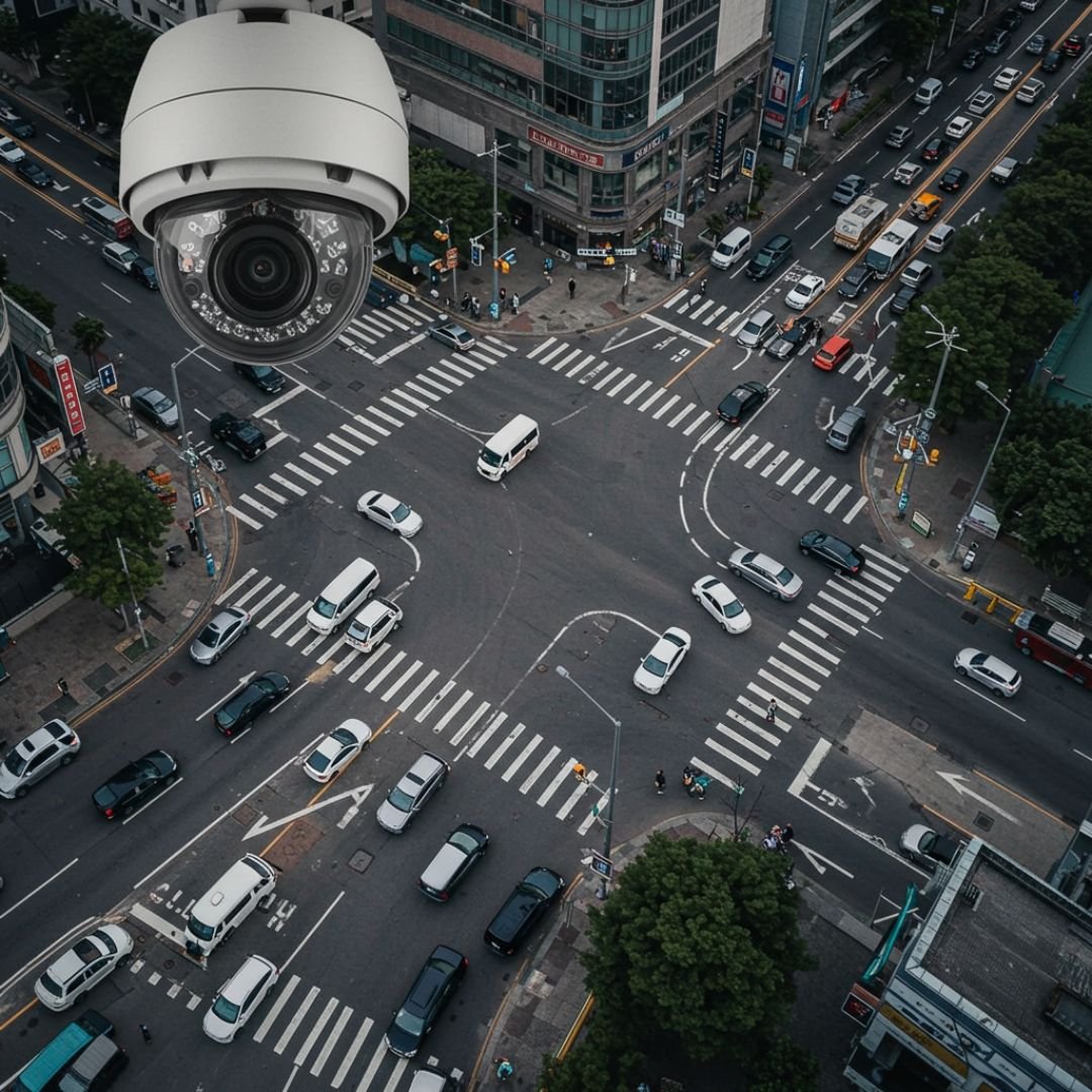 A panoramic camera installed on a traffic pole, providing a complete, seamless view of a busy four-way street intersection.