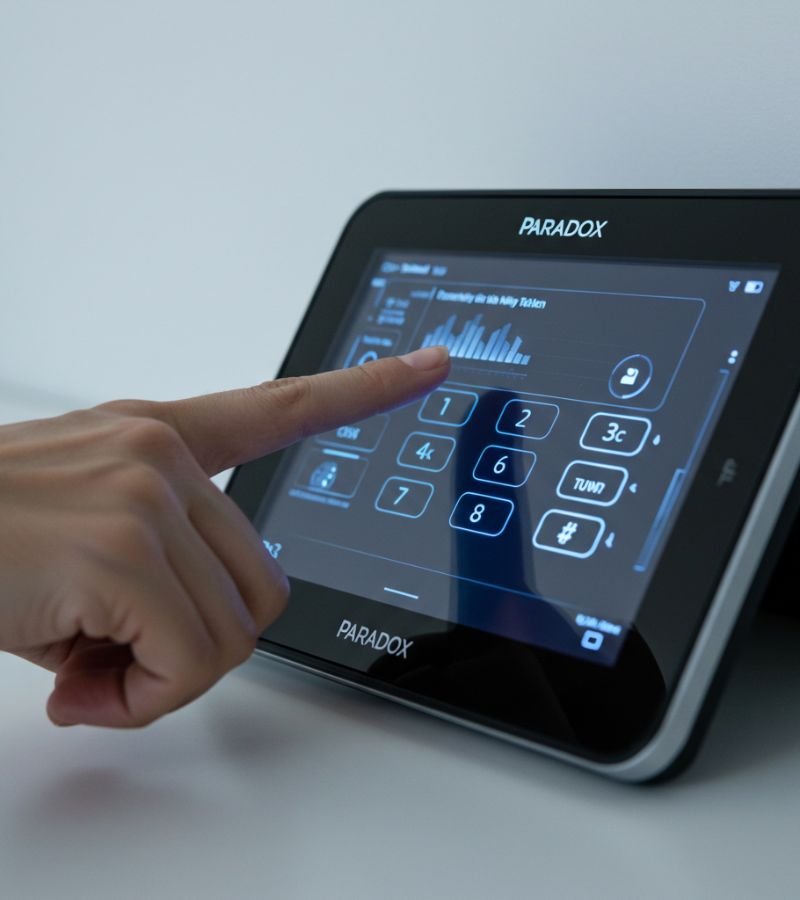 A sleek, modern Paradox touchscreen keypad mounted on a wall, showing an intuitive user interface.