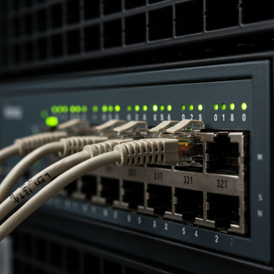 A close-up of a multi-port PoE switch with several ethernet cables plugged in, showing a clean and organized network setup.