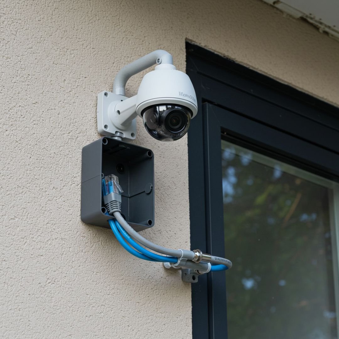 A security camera professionally installed on an outdoor pole using a mounting bracket, with cables neatly managed in conduit.