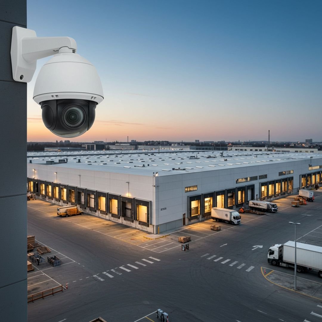 A white PTZ camera mounted on the exterior of an industrial warehouse, monitoring a large loading dock area.