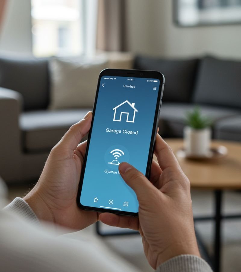 A person holding a smartphone showing a smart home app with the garage door status displayed as 'Securely Closed'.